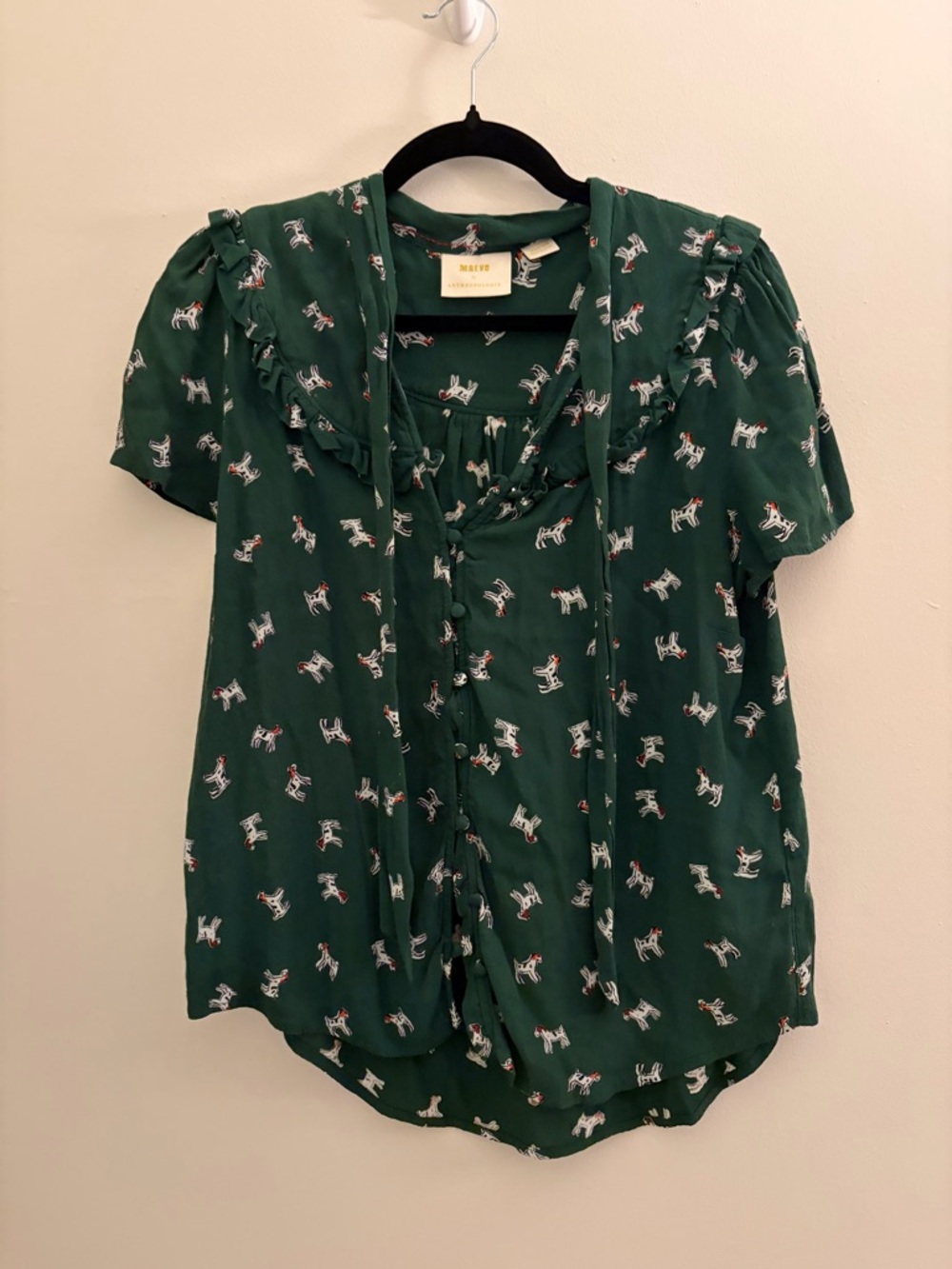 Anthropologie Forest Green Printed Ruffle Tie-Front Blouse